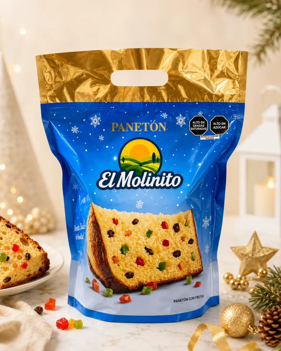 Panetón tradicional El Molinito en su empaque azul y dorado